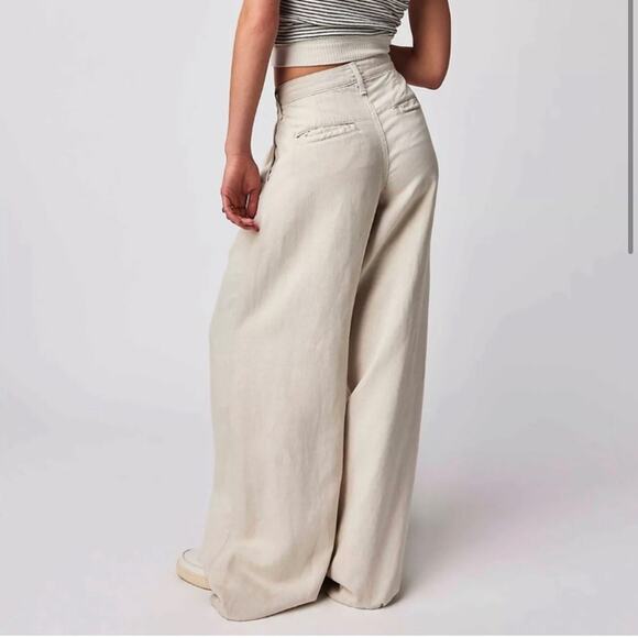 Mother high waisted pouty prep heel pants ultra wide leg linen lyocell cream 28 - Picture 2 of 16